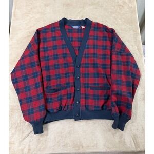 Vintage Pendleton Cardigan Sweater Mens XL Red Plaid Virgin Wool Button USA EUC